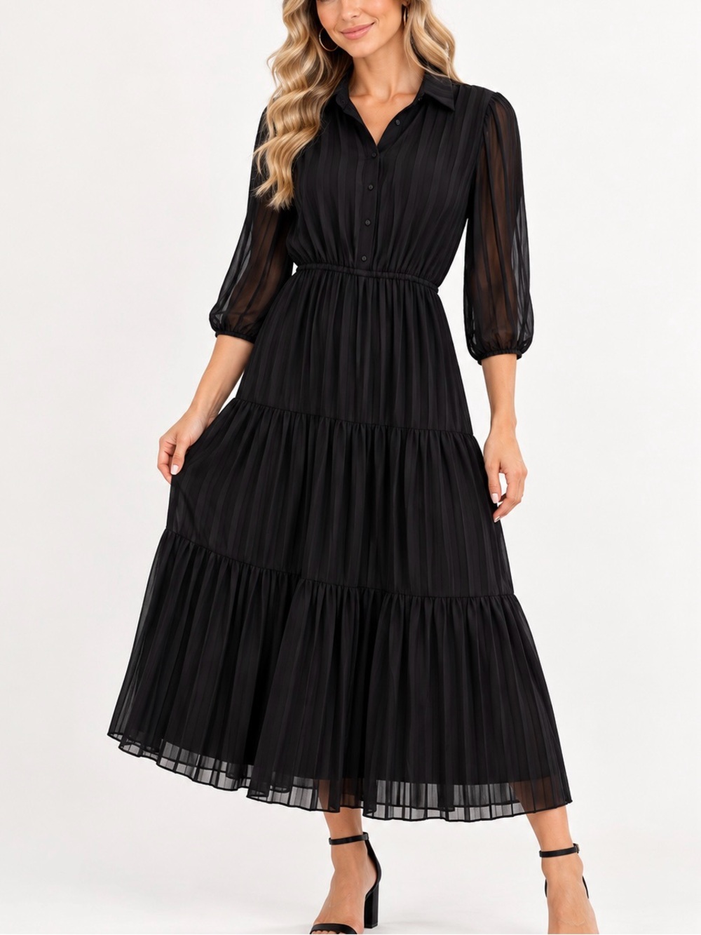 Nanette Nanette Lepore Black Sheer Stripe Tiered Midi Dress Size 4